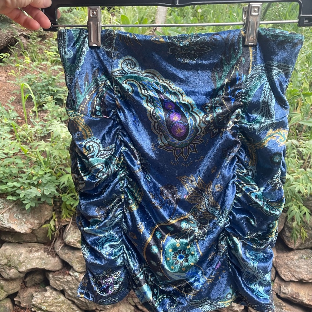 Free People Velvet Blue Ruched Mini Pencil Skirt